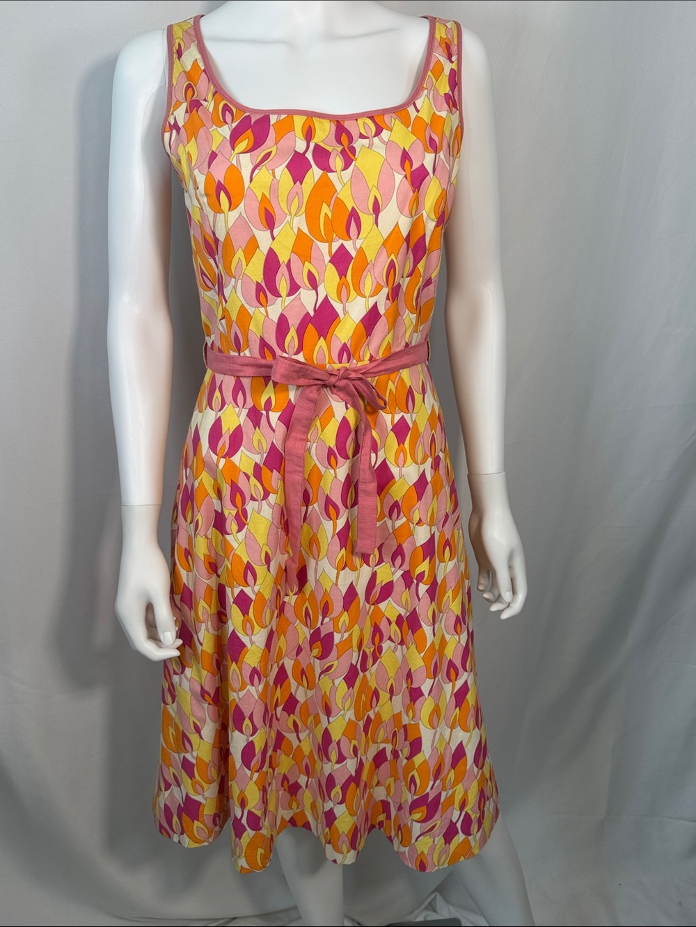 Anni Kuan Vintage Style 60s Mod Geometric A-Line Midi Dress Pink Orange Size 4